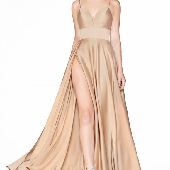 NWT CHAMPAGNE COLOR PROM PARTY LEG SLITEVENING FORMAL A-LINE SATIN GOWN  cd523